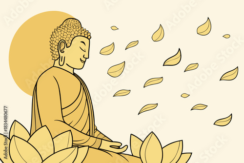 Meditating Buddha statue with falling leaves and soft background