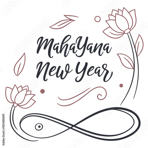 MahaYana New Year calligraphy greeting card with lotus flowers