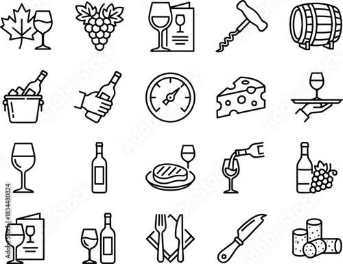 Wine and dining line icons collection featuring bottles, glasses, grapes, cheese, corkscrew, serving elements and restaurant menu symbols for vector design