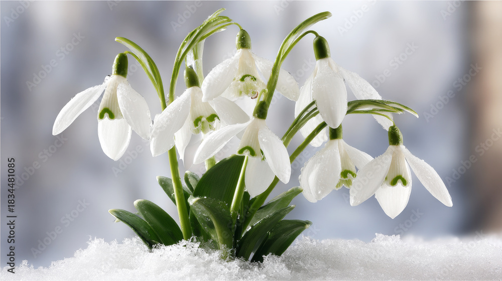 Fototapeta premium Delicate white snowdrops pushing through a bed of melting snow, marking the arrival of spring and fresh starts