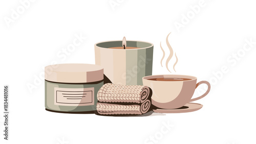 Relaxing Spa Day Arrangement with Candle, towels, and Hot beverage.