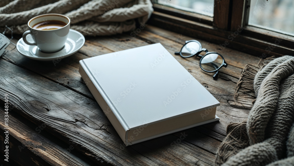 Fototapeta premium Blank Book Mockup on Rustic Wooden Table with Coffee and Cozy Accessories