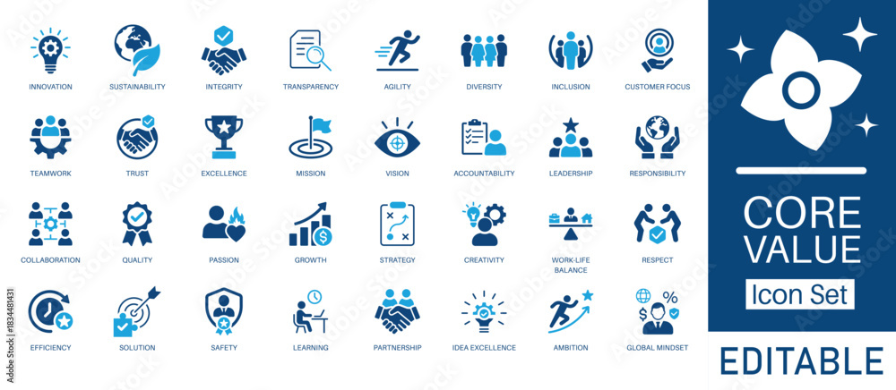 Fototapeta premium Core values and business ethics solid icon set. Contains symbols for Integrity, Agility, Sustainability, and Transparency. Flat vector design for corporate culture and mission statements.