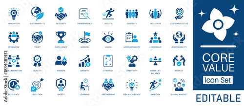 Core values and business ethics solid icon set. Contains symbols for Integrity, Agility, Sustainability, and Transparency. Flat vector design for corporate culture and mission statements.