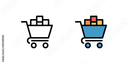 Simple colorful shopping cart icon filled with various items.