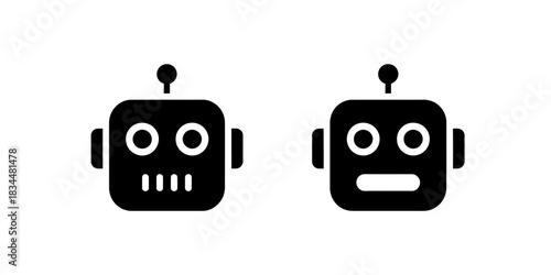 Two simple robot head icons, one with a square mouth, the other with teeth, on a white background