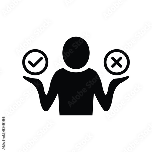 decision making process, icon of choose between yes or no, undecided human, definition with choice, flat vector illustration