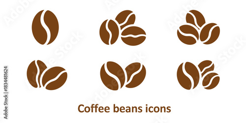 Collection of stylized brown coffee bean icons on a white background