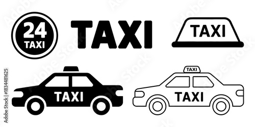 Collection of taxi service icons and illustrations for transportation concepts