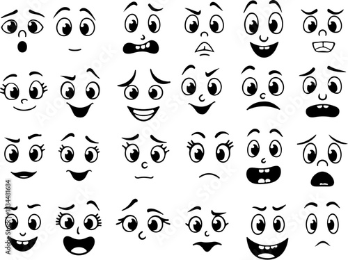 Cartoon retro faces. Vintage emotional face with mascot characters funny faces , eyes and mouths elements.	