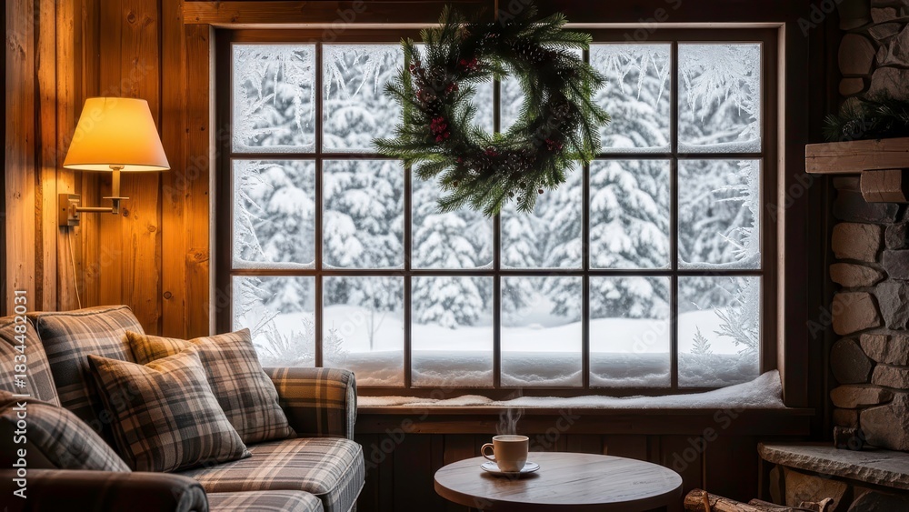Fototapeta premium Cozy interior with a lit lamp by a window decorated for Christmas.