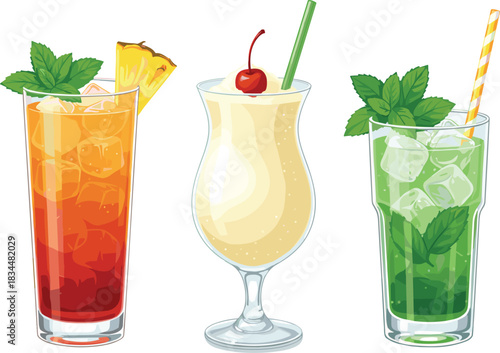 Tropical drinks illustration, summer beverages, cocktail mocktail, refreshing drinks, fruit garnish, beach vibe, colorful glasses, flat vector illustration