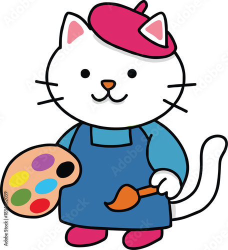 Cartoon artist cat, painting character, creative animal, art palette, kids content, cute feline, fun design, flat vector illustration