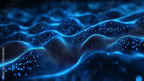 Dynamic blue digital particle wave background for modern technology, AI and big data concepts creating a futuristic, vibrant and high-tech atmosphere