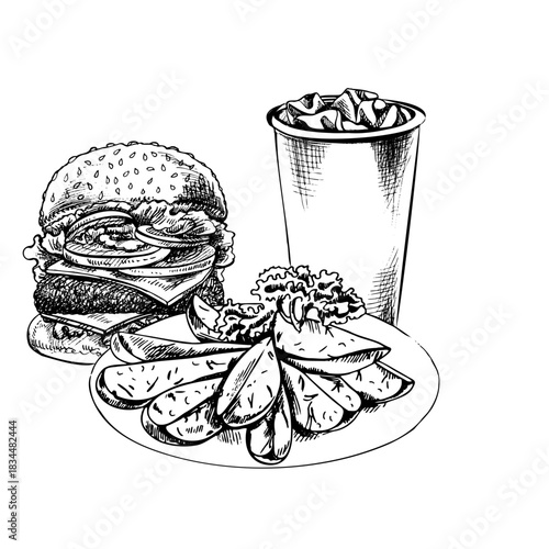Hand-drawn sketch of burger, cola cup, plate with baked potatoes⁠
