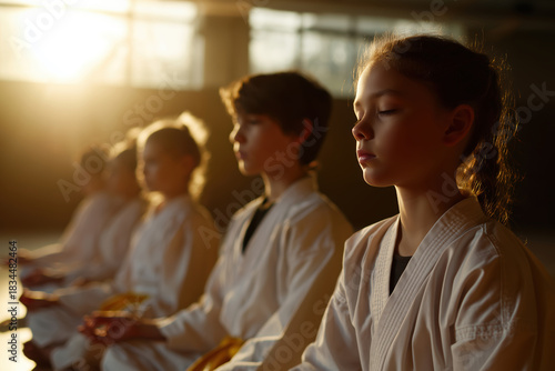 Teenage girl in kimono sitting in front of her trainer during martial arts class