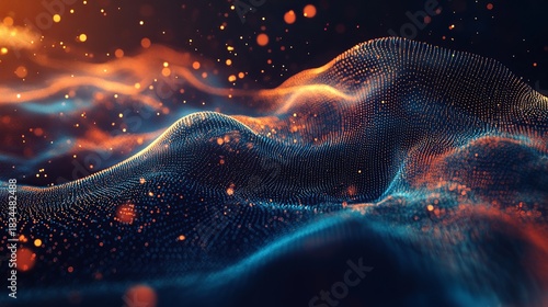 Stunning abstract data visualization with vibrant orange and blue particles flowing in dynamic waves for modern technology concepts