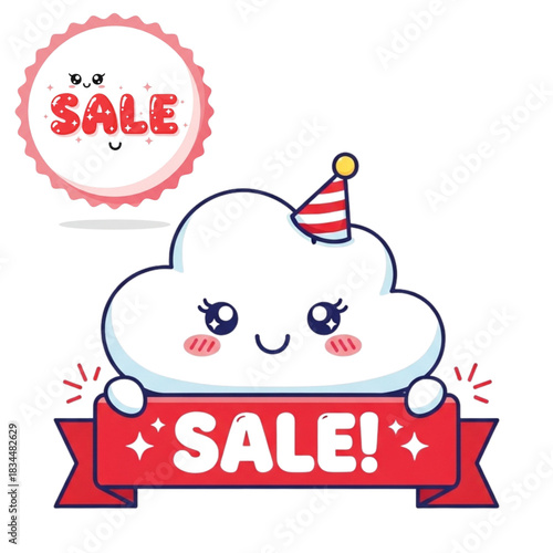 Adorable cloud character announces big sale event with cute party hat and festive banner, perfect for retail promotions and cheerful marketing campaigns