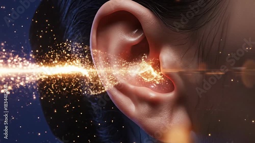 Human ear with abstract light energy beam and glowing data particles