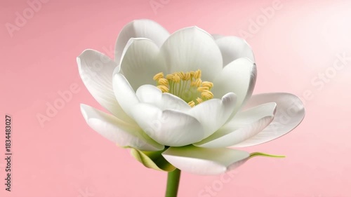 Close-up of a white flower with a pink background. The flower displays delicate petals and a vibrant yellow center Stock Video