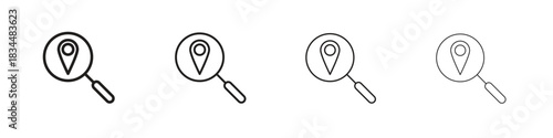 Search Location icon set. A collection of simple black thin strokes icons
