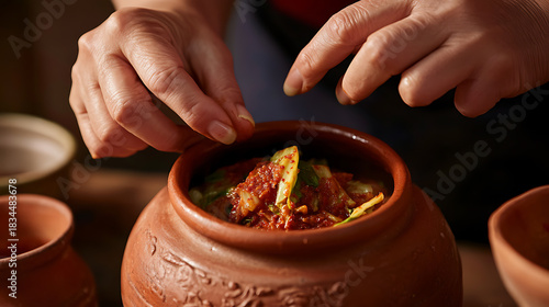Fototapeta Naklejka Na Ścianę i Meble -  Crafting homemade kimchi. A person puts kimchi into traditional earthen pot. It reflects dedication, tradition, and culinary skill in the preparation of Korean cuisine.