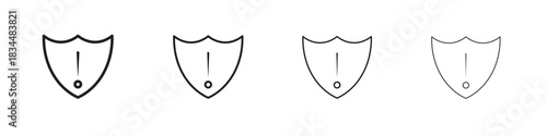 Shield exclamation icon set. A collection of simple black thin strokes icons