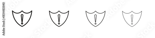 Shield exclamation icon set. A collection of simple black thin strokes icons