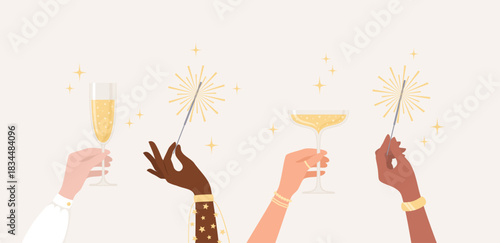 Hands of women of different nationalities and skin tones holding glasses of sparkling wine and burning sparklers. Flat vector illustration