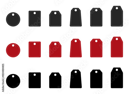 Set of blank price tags in black and red with stitched outlines on white