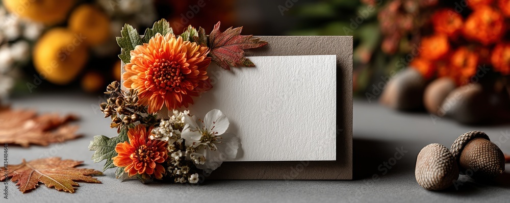 Fototapeta premium Autumnal white card surrounded by leaves, berries, and chestnuts for festive or seasonal display