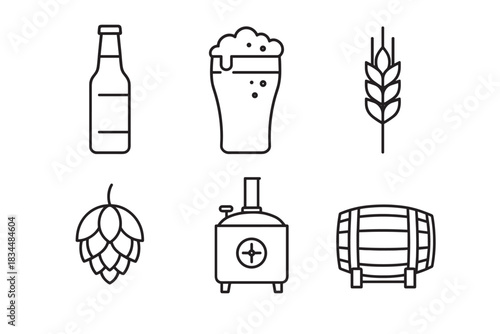 Beer brewing and pub related icons set with a bottle, glass, wheat, hops, kettle, and barrel in a simple black outline graphic style