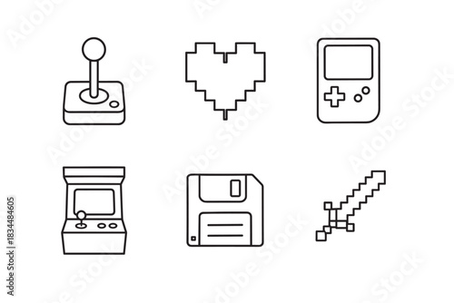 Set of six retro video game icons including a joystick, pixel heart, handheld console, and arcade machine, illustrated in a simple black and white minimalist line art style