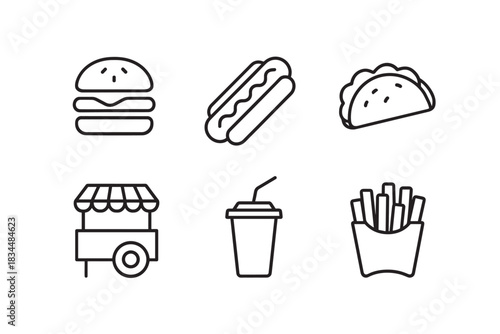 Set of six black line icons representing fast food, including a hamburger, hot dog, taco, fries, soda, and a street food cart, depicted in a minimalist, clean vector style