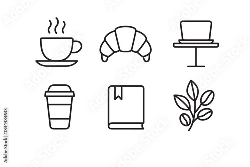 Set of six black line icons representing coffee shop elements including a steaming cup, croissant, laptop, takeaway drink, book, and a plant branch in a minimalist vector style