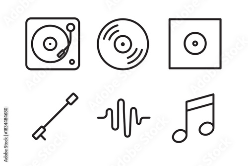 Six black outline icons for music themes featuring a record player, LP disc, album sleeve, tonearm, audio waveform, and a musical note, presented as a minimalist vector graphic set