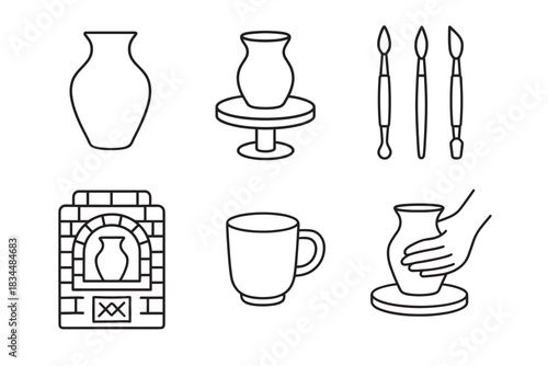 Set of black line art pottery icons showing various stages and tools of the ceramic-making process, including a vase, kiln, potter's wheel, and sculpting tools in a minimal style