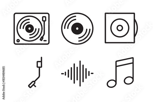 Music and audio equipment icon set featuring a turntable, vinyl record, album sleeve, stylus, sound wave, and musical note in a minimalist black line art vector illustration