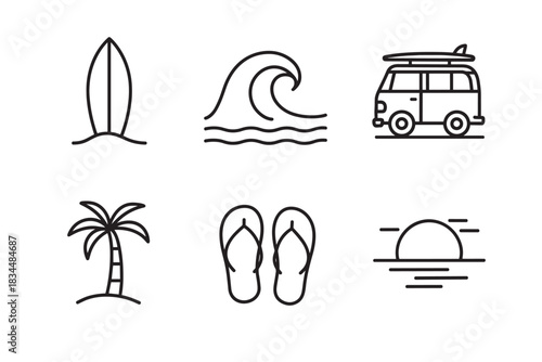 Set of six summer beach icons including a surfboard, wave, camper van, palm tree, flip-flops, and sunset, depicted in a simple black and white line art vector style