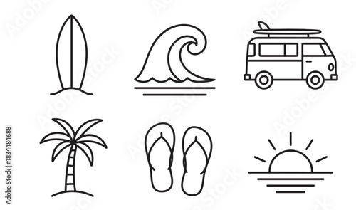 Set of six summer beach icons including a surfboard, wave, camper van, palm tree, flip-flops, and sunset, drawn in a simple black and white minimalist line art style