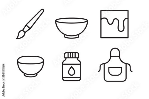 Six minimalist black outline icons for pottery and ceramics workshops, featuring essential tools like a brush, bowls, clay, paint, and a protective apron for creative hobbies