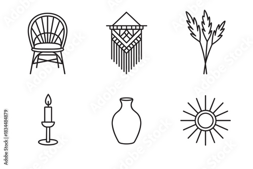 Set of six minimalist boho icons featuring a chair, macrame, pampas grass, candle, vase, and sun symbol, rendered in a clean black line art style for home decor concepts