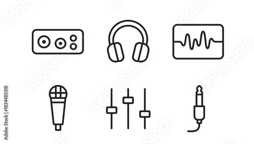 Set of black line art icons for audio recording and music production, including a microphone, headphones, mixer, waveform, audio interface, and jack plug in a minimalist style
