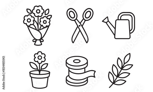 Set of six black line icons for floristry and gardening, including a bouquet, scissors, watering can, potted flower, ribbon, and a leafy branch in a simple minimalist style