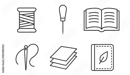 Set of six black line icons for bookbinding and crafting, featuring a spool of thread, an awl, an open book, a needle, paper sheets, and a stitched notebook