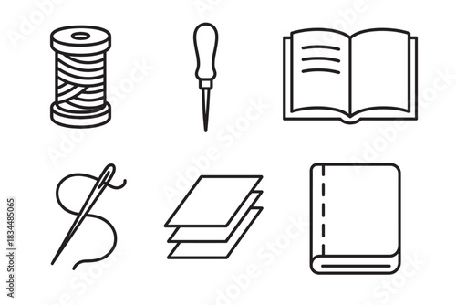 Set of black line art icons representing bookbinding and sewing crafts, featuring a book, thread, needle, awl, and paper in a clean, minimalist outline style