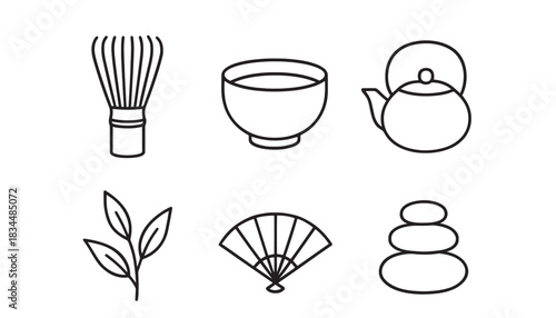 Set of six minimalist icons representing a traditional tea ceremony with a matcha whisk, bowl, teapot, leaves, fan, and zen stones in a simple black line art style
