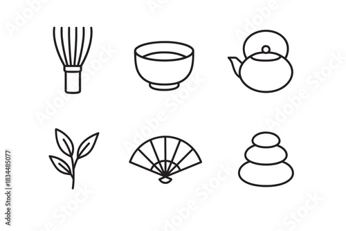 Set of six black line icons representing a traditional tea ceremony and zen culture with a whisk, bowl, teapot, leaves, fan, and balancing stones in a minimalist vector style