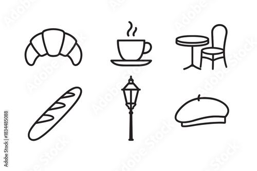 Six black line art icons representing French culture with a croissant, steaming coffee cup, bistro table, baguette, street lamp, and beret in a simple graphic illustration