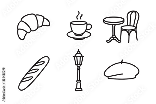 Set of six black line art icons representing European cafe culture with a croissant, coffee, bistro table, baguette, lamppost, and beret in a minimalist graphic style